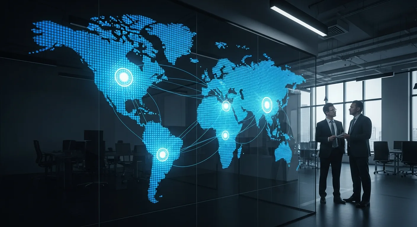 Global digital map highlighting international tech hubs to show where is artificial intelligence made.