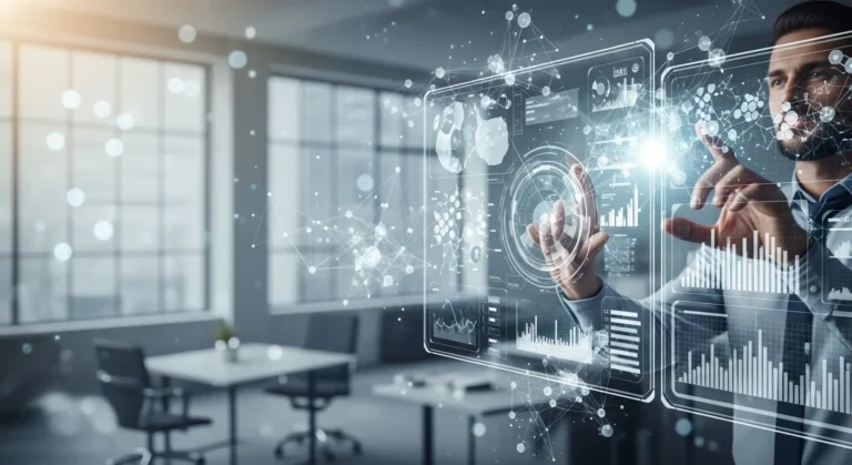 A professional exploring where to find AI software for data analysis on a futuristic digital interface.