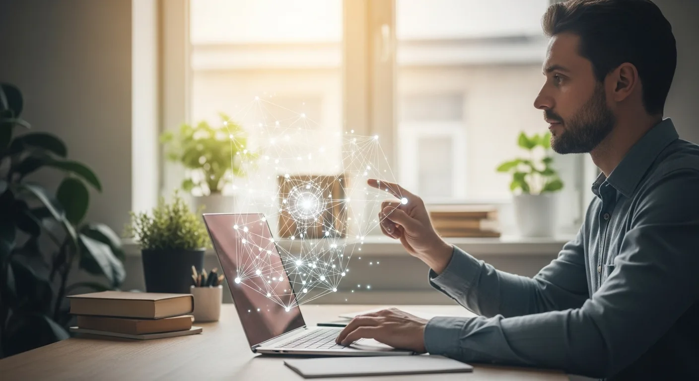 A professional man researching where to learn artificial intelligence using a modern laptop and digital interface.