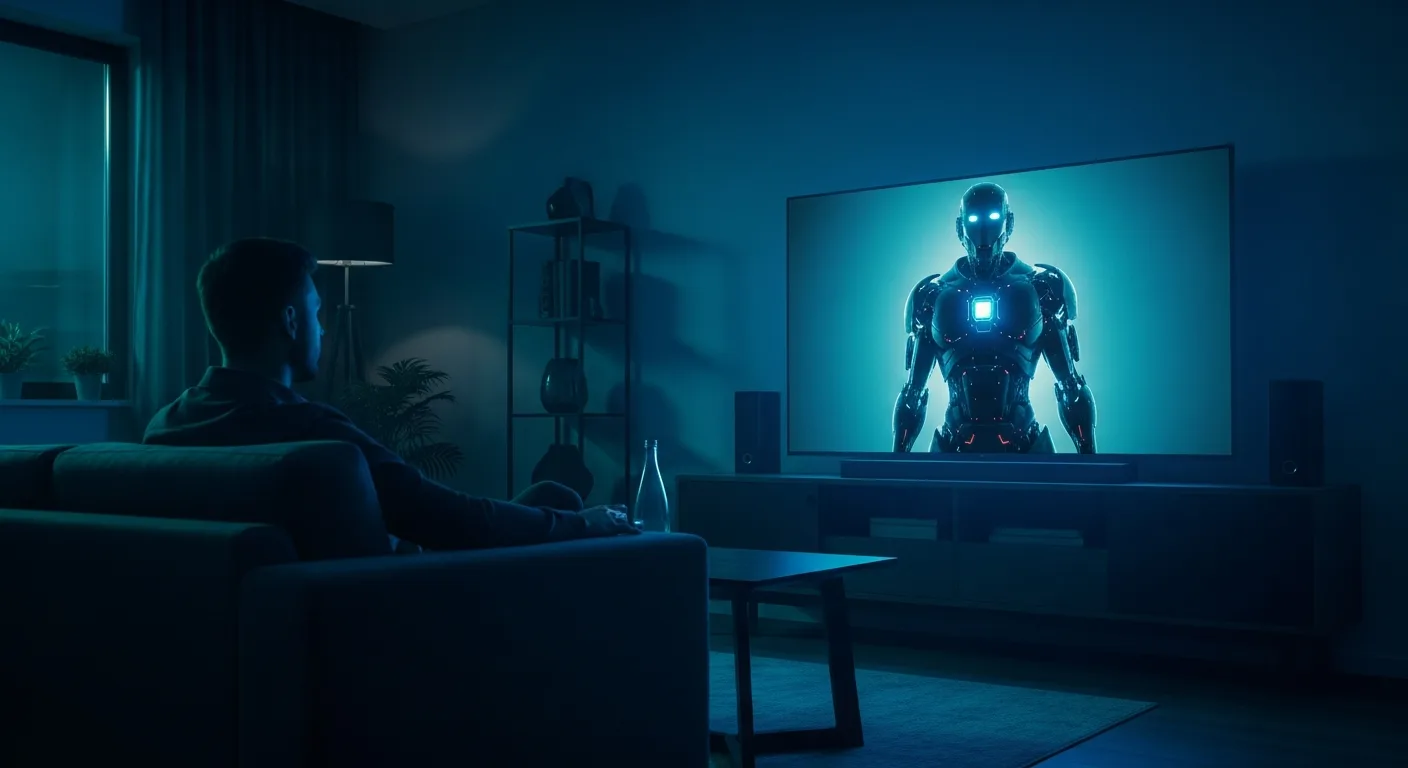 A man using a remote to find where to watch ai artificial intelligence on a sleek smart TV screen.