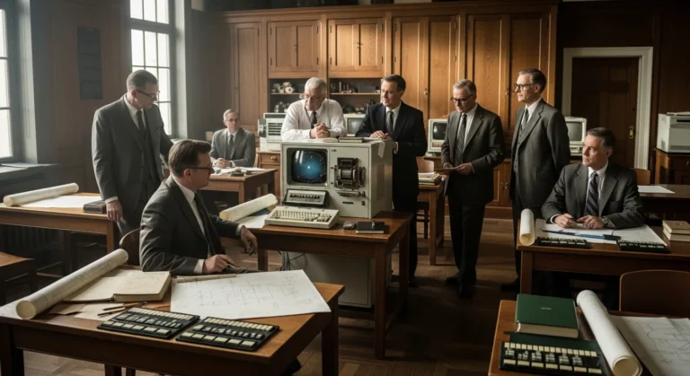 A historical setting depicting where was artificial intelligence created at the 1956 Dartmouth workshop.