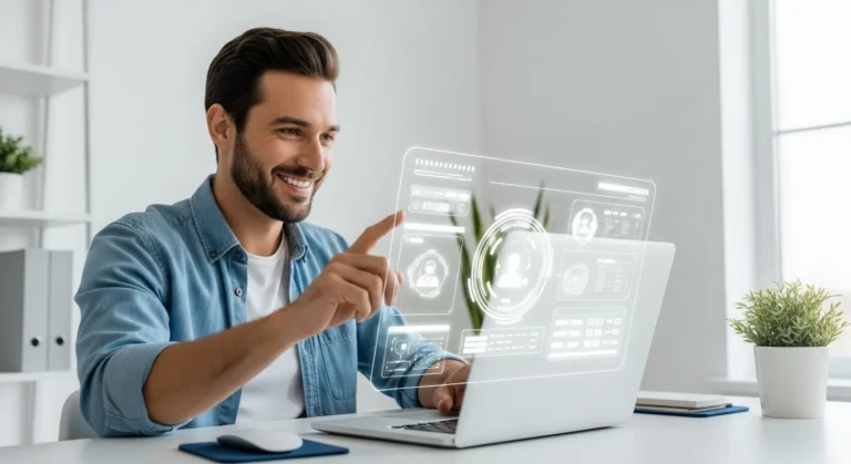 A man using a laptop to research which AI is best for beginners in 2026 with a clean, modern interface.