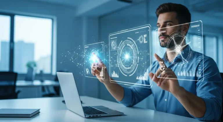 A male professional reviewing data visualizations to determine which AI is currently the best in 2026.