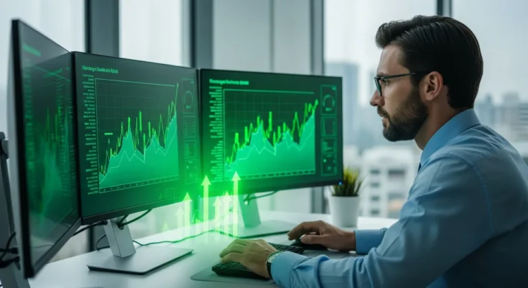 A businessman analyzing growth charts to see which artificial intelligence stocks to buy for a profitable portfolio.