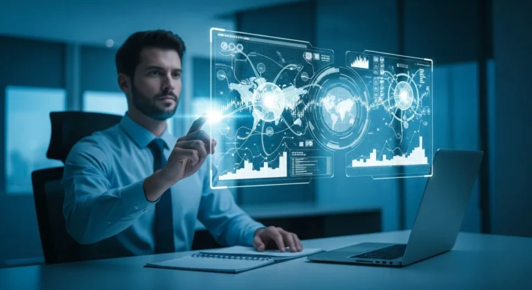 A man analyzing digital growth charts to decide which artificial intelligence to invest in for the year 2026.