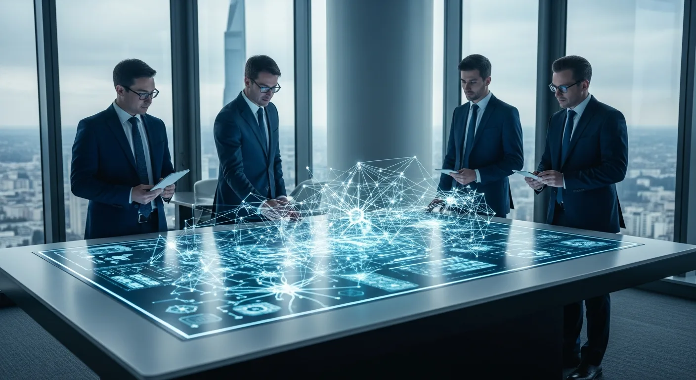 A group of professional men at a futuristic conference table, illustrating who are the big 4 in AI?