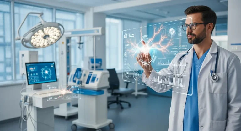 A healthcare professional reviewing digital medical data following WHO artificial intelligence ethics standards.