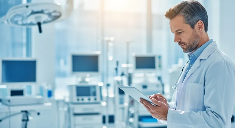 A male doctor reviewing medical data on a digital tablet, following WHO artificial intelligence for health standards.