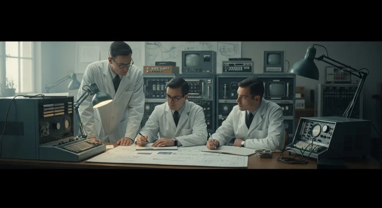 Historical portraits of the pioneering computer scientists who created artificial intelligence in a laboratory setting.