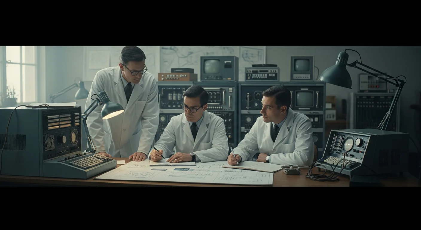 Historical portraits of the pioneering computer scientists who created artificial intelligence in a laboratory setting.