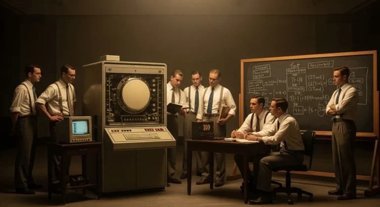 Pioneering computer scientists who discover artificial intelligence collaborating in a mid-century laboratory setting.