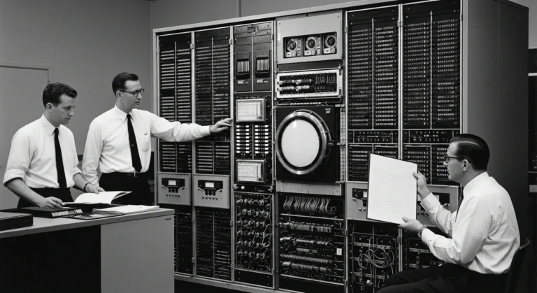 Historical portraits of the pioneers who invented artificial intelligence shown alongside early computing machinery.
