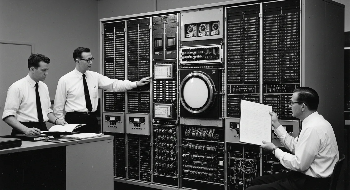 Historical portraits of the pioneers who invented artificial intelligence shown alongside early computing machinery.