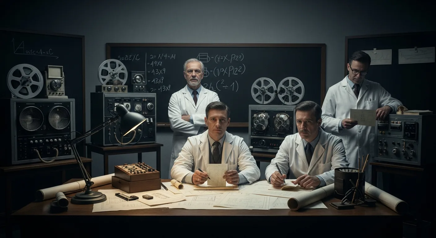 Historic pioneers in a vintage lab setting exploring who is artificial intelligence father.