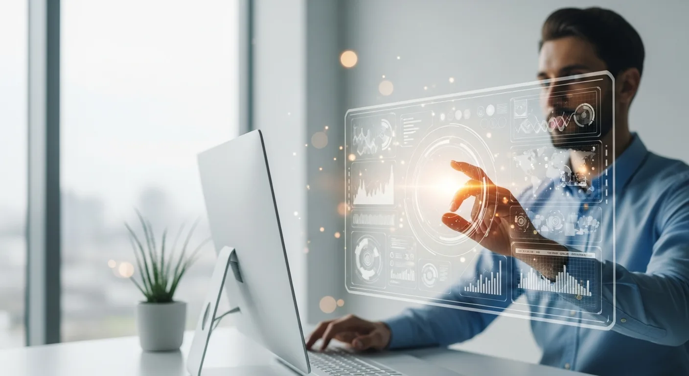 A professional man examining data visualizations to understand who uses artificial intelligence in 2026 applications.