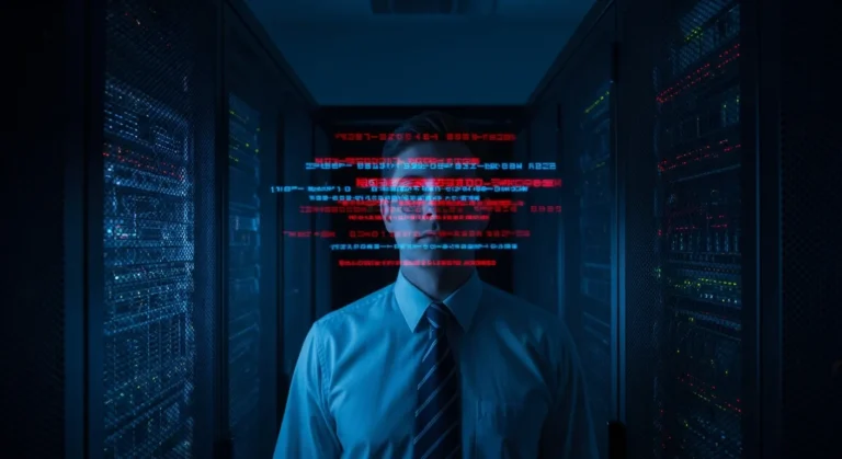 A concerned man looking at a complex digital interface, illustrating why artificial intelligence is bad and its risks.