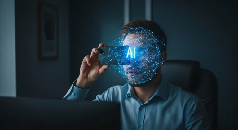 A glowing neural network overlaying a man's face, exploring why artificial intelligence is dangerous for society.