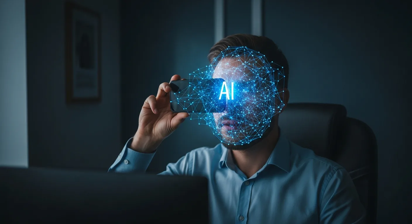 A glowing neural network overlaying a man's face, exploring why artificial intelligence is dangerous for society.
