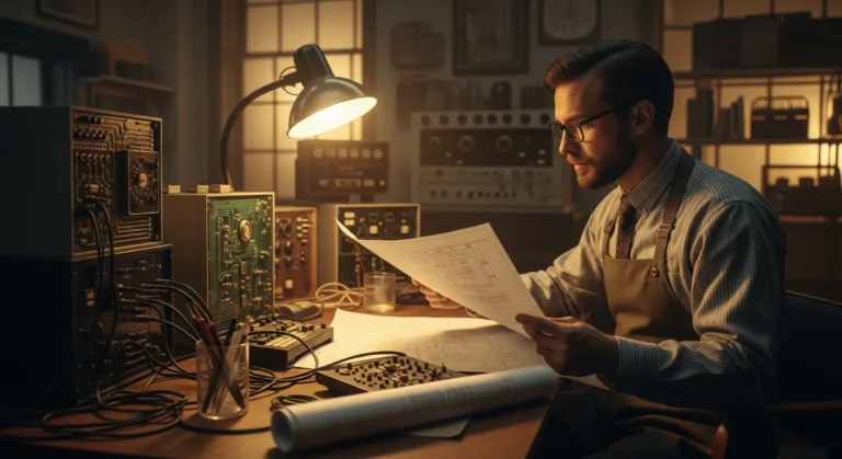 A vintage office scene showing historical research into why artificial intelligence was created.