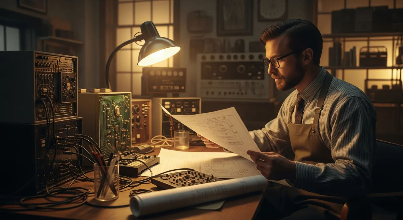 A vintage office scene showing historical research into why artificial intelligence was created.
