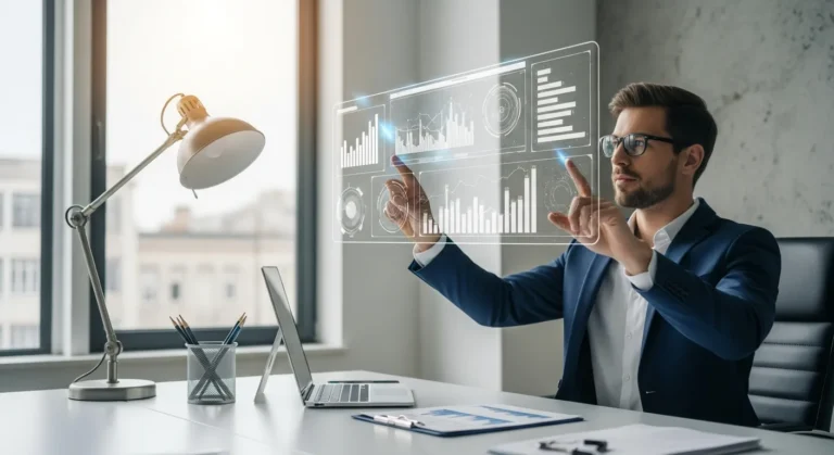 A professional male accountant reviewing data, considering if will artificial intelligence replace accountants.