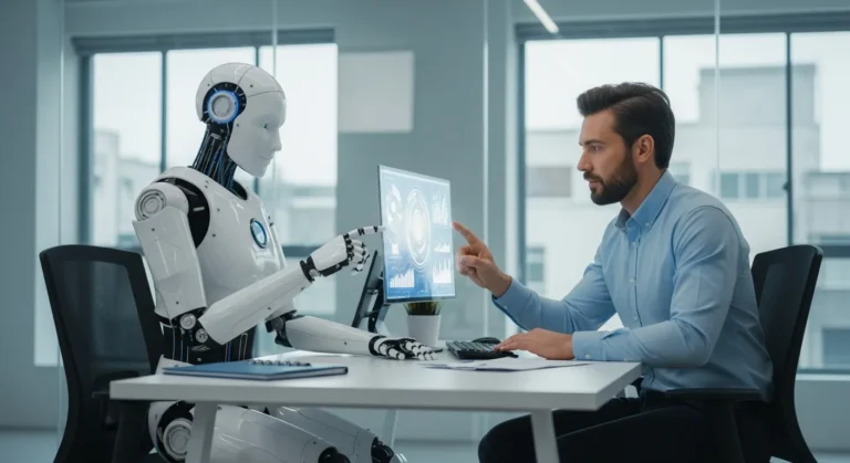 A professional man working alongside a robotic interface, asking will artificial intelligence replace human jobs.