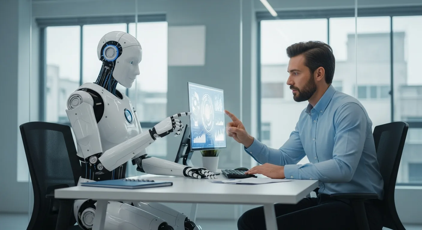A professional man working alongside a robotic interface, asking will artificial intelligence replace human jobs.