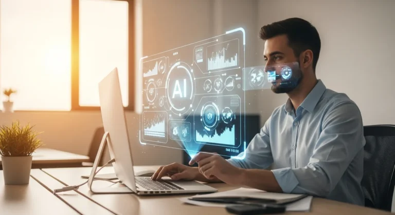 A professional man using advanced technology to analyze if will artificial intelligence replace humans in the workforce.