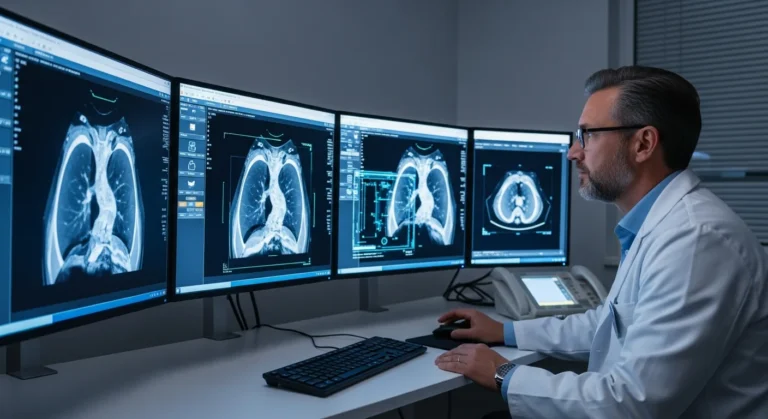 A male doctor analyzing digital scans to see if will artificial intelligence replace radiologists in 2026.