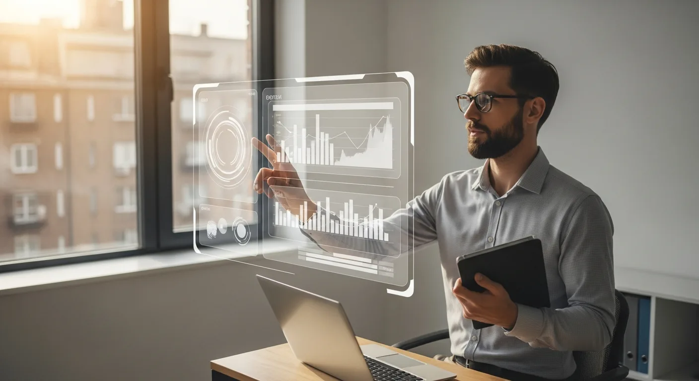 A professional man working with holographic data, exploring if will artificial intelligence take away jobs by 2026.